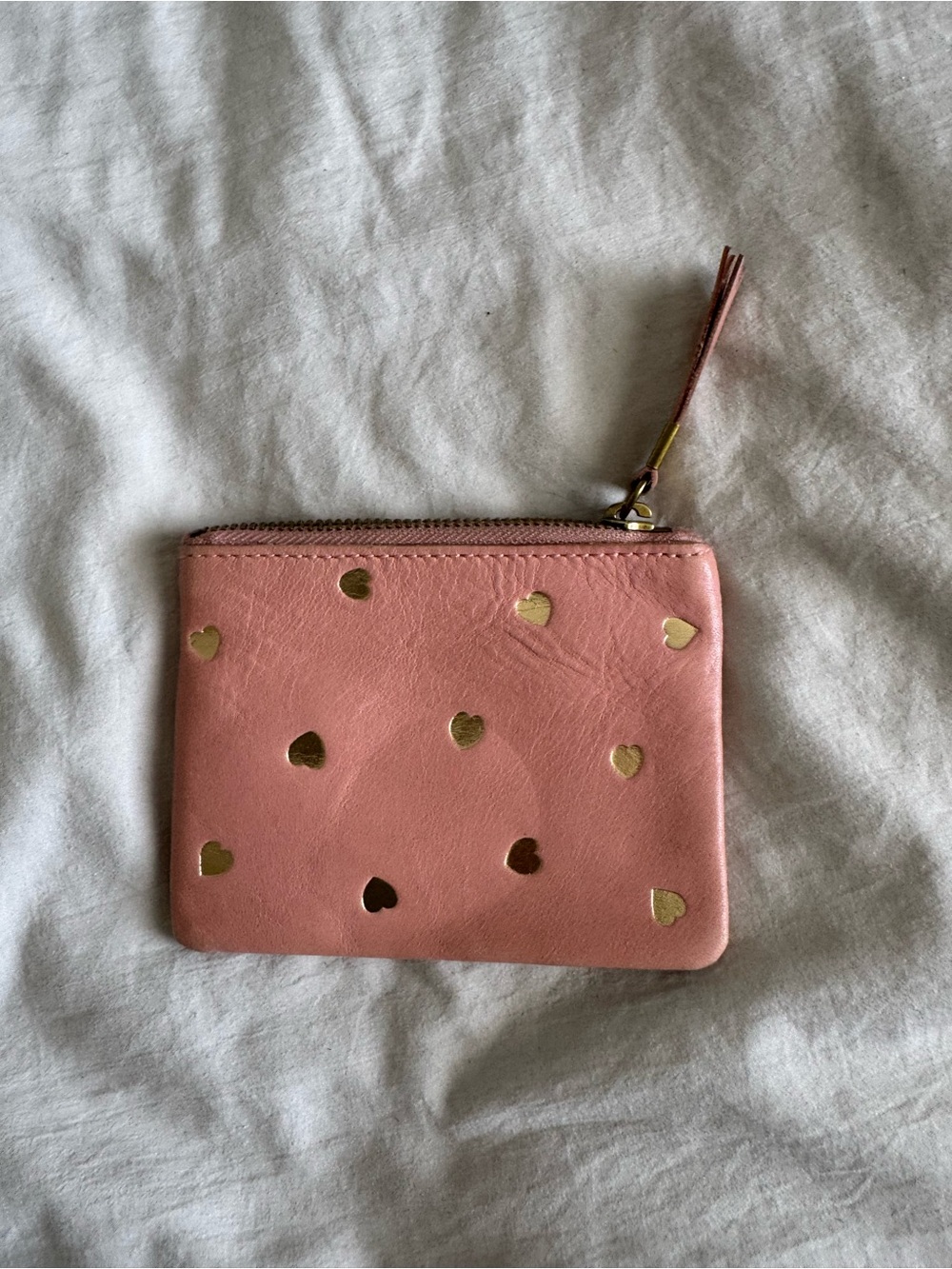 Madewell Pink Leather Zip Card Pouch with Gold Heart Cutouts